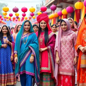 Various outfits representing festive fashion trends in vibrant colors and traditional styles.