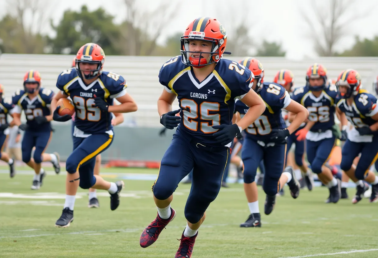 High school football players showcasing their skills during a game.