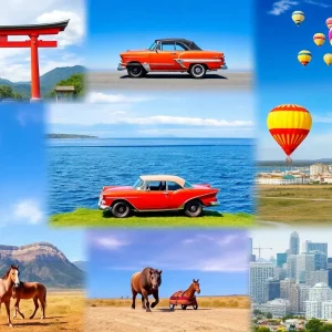 Collage of iconic global landmarks showcasing nature and culture