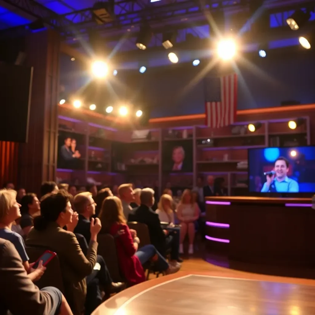 Late night television studio with bright lights