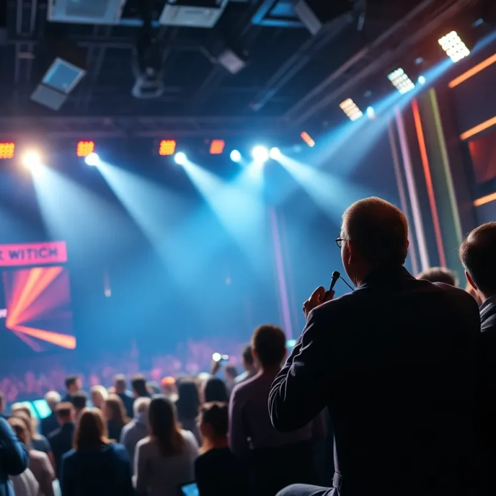 Late-night television studio with vibrant lights and a cheering audience.