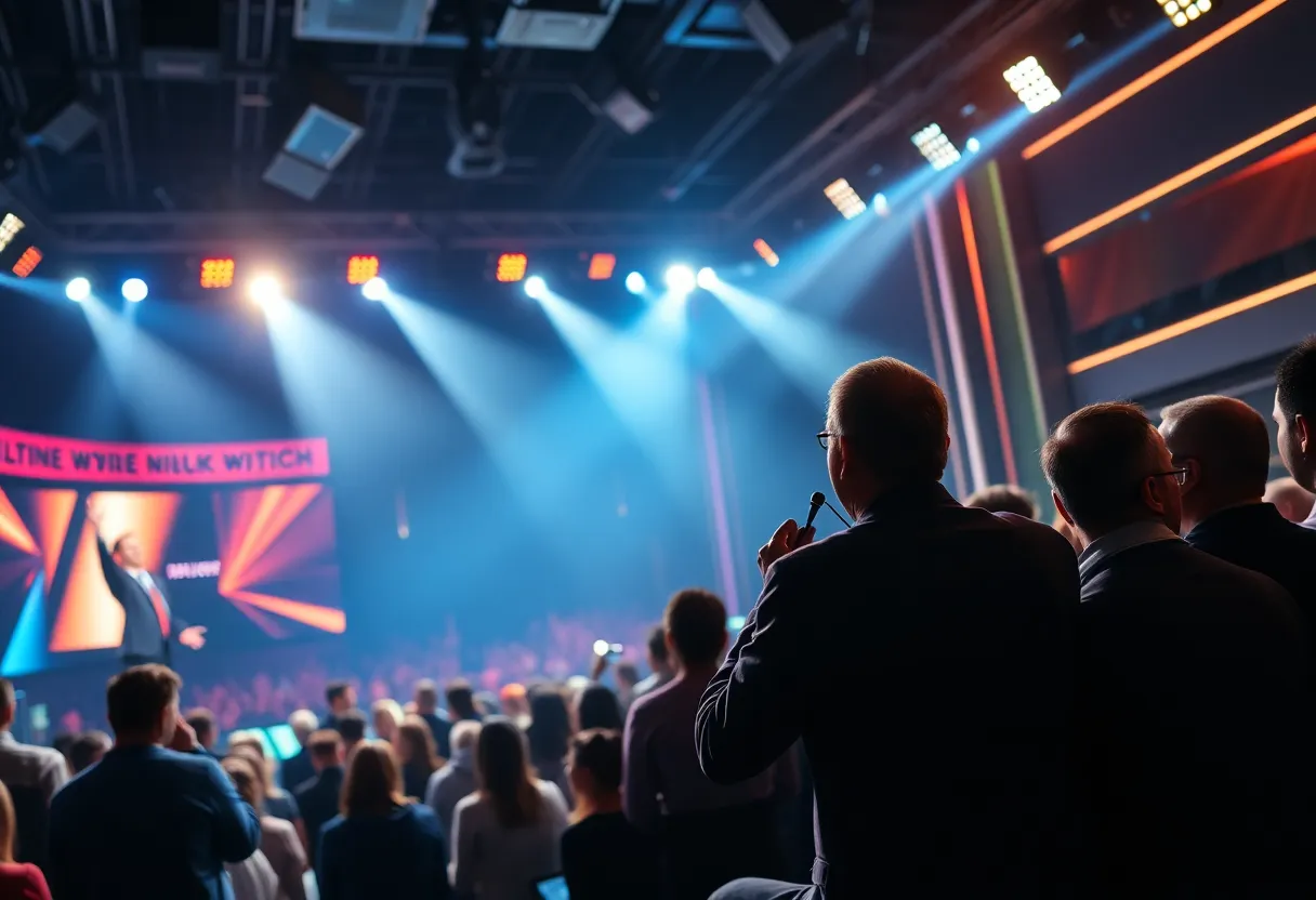 Late-night television studio with vibrant lights and a cheering audience.