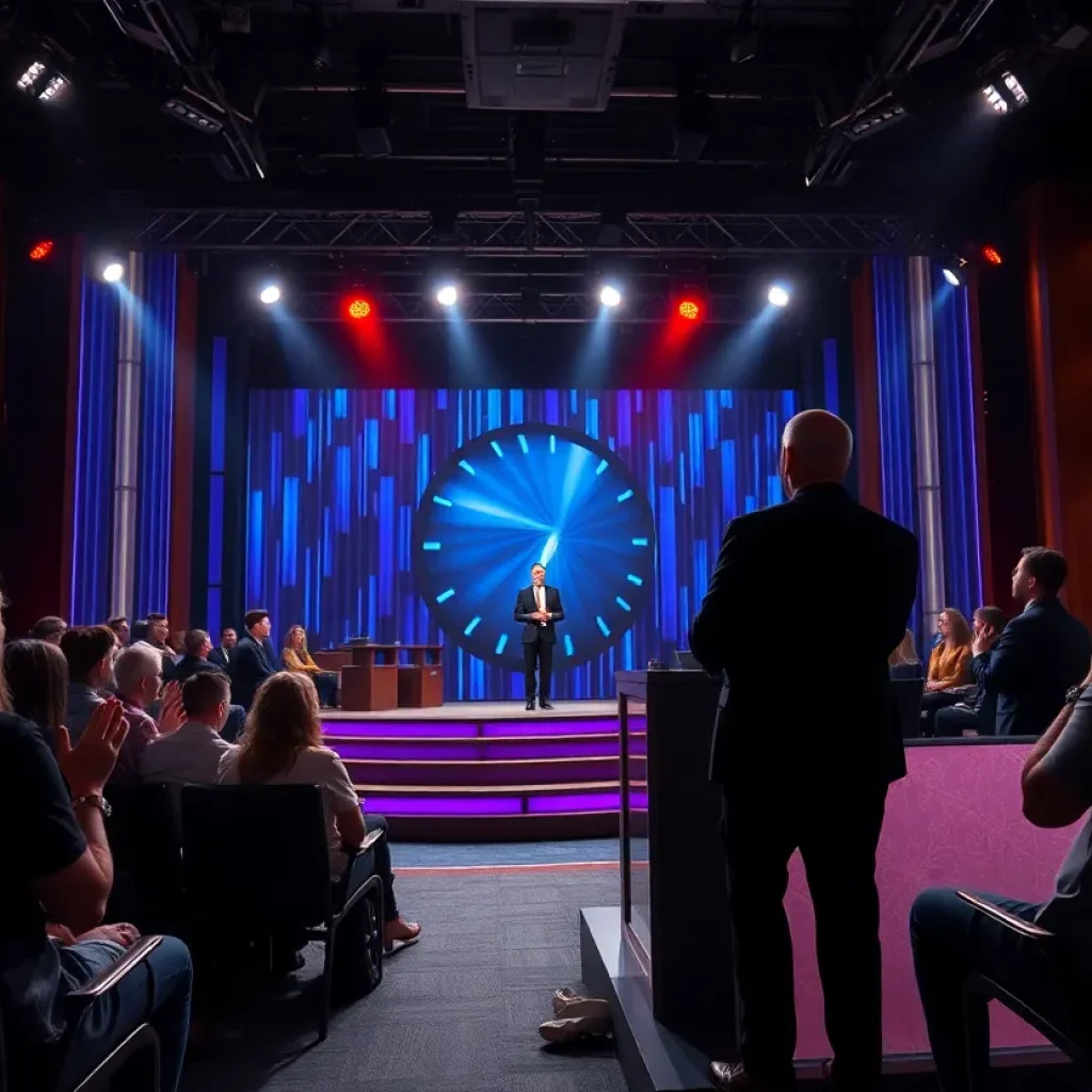 Set of a late-night television show with audience excitement