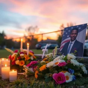 A serene memorial setup honoring a beloved attorney with flowers and candles