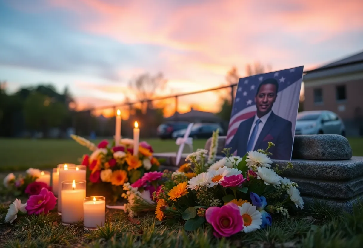 A serene memorial setup honoring a beloved attorney with flowers and candles
