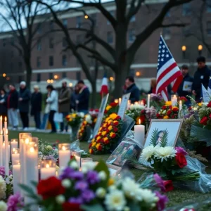 Memorial scene for a public figure with flowers and candles
