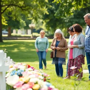 Family gathering in a park for memorial tribute