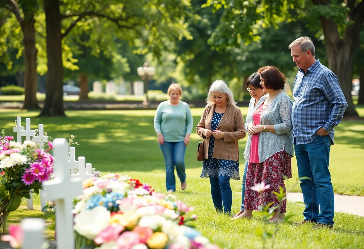 Family gathering in a park for memorial tribute