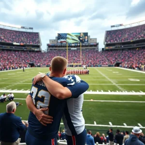 Football player and his mother celebrating military service at the stadium