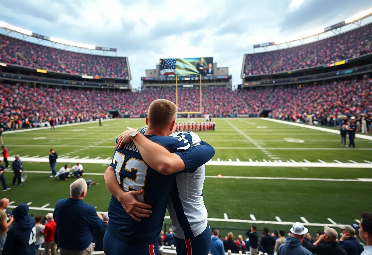 Football player and his mother celebrating military service at the stadium