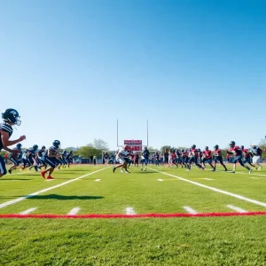 High school football teams competing on a field