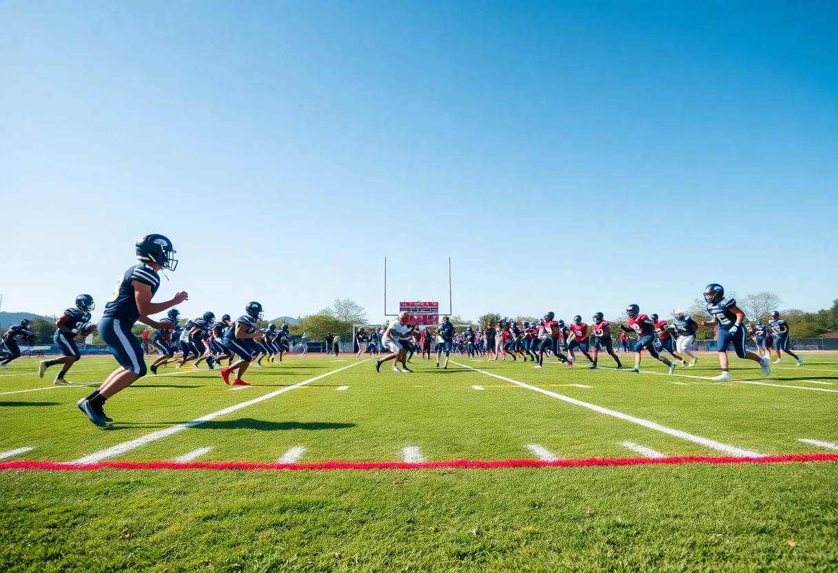 High school football teams competing on a field
