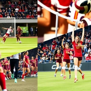 MSU soccer and volleyball teams celebrating their victories.
