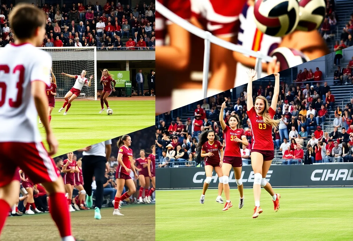 MSU soccer and volleyball teams celebrating their victories.