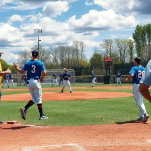 Mississippi State baseball players in a training session on the field.