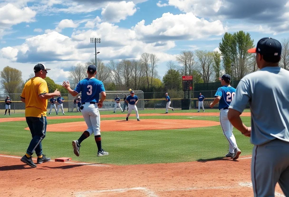 Mississippi State baseball players in a training session on the field.