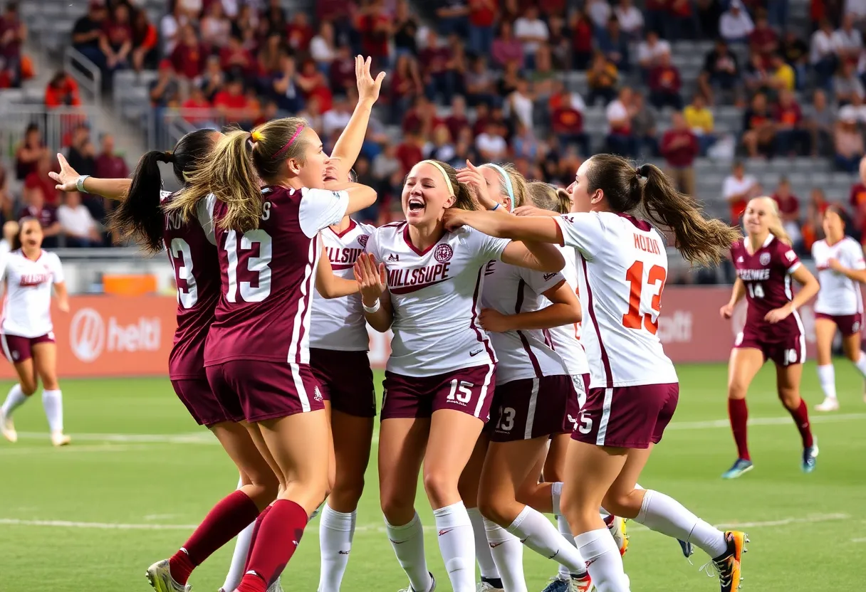 Mississippi State Bulldogs celebrating their soccer victory