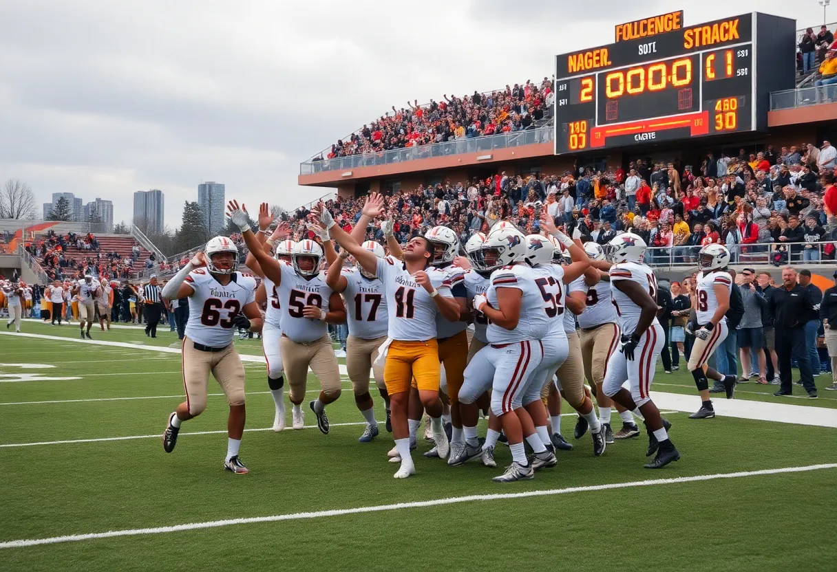 College football team celebrating a victory on the field