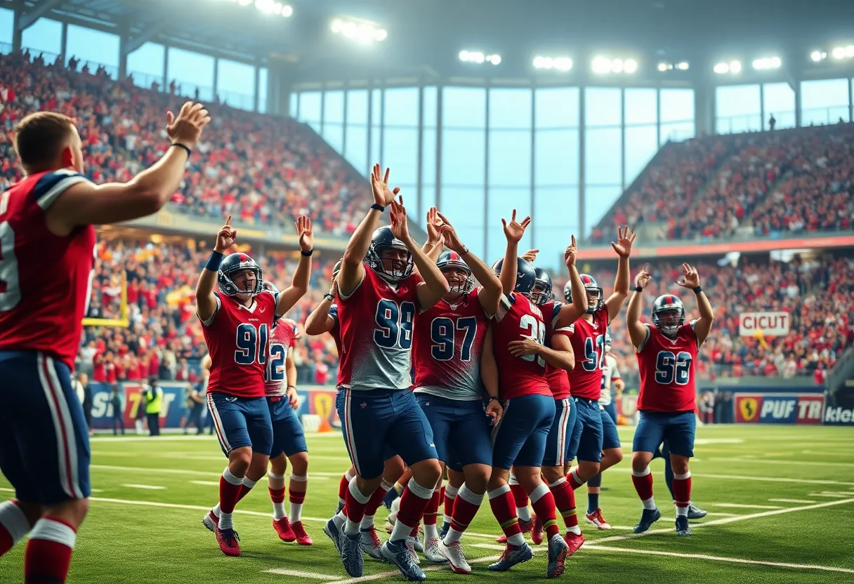 Mississippi State football team celebrating a touchdown in the stadium