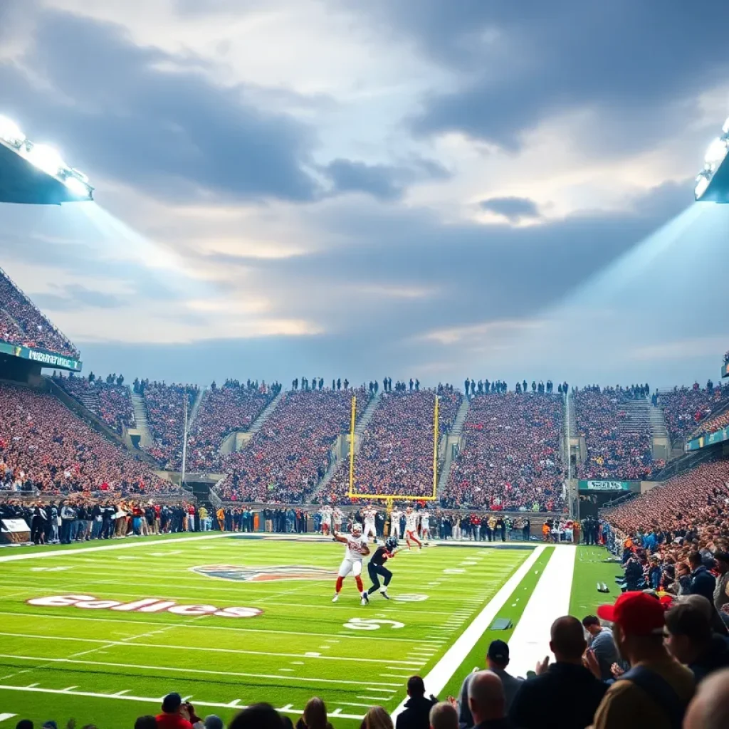Fans celebrating in the stadium after a game-winning touchdown