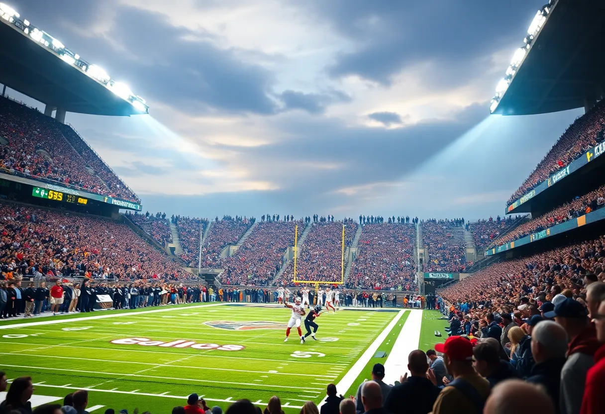 Fans celebrating in the stadium after a game-winning touchdown