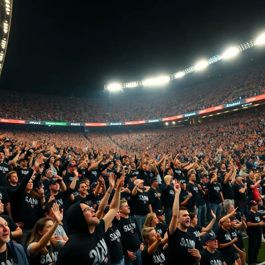 Fans in a packed stadium supporting Mississippi State football