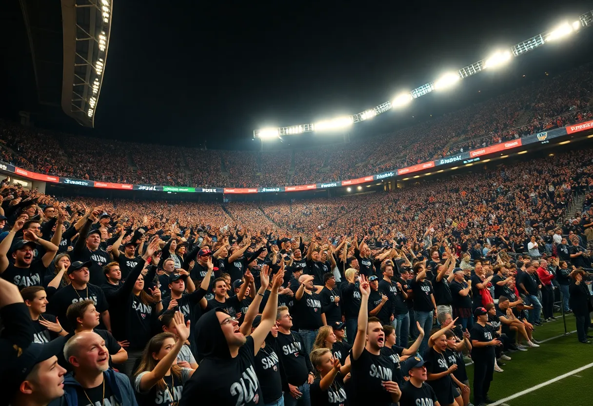 Fans in a packed stadium supporting Mississippi State football