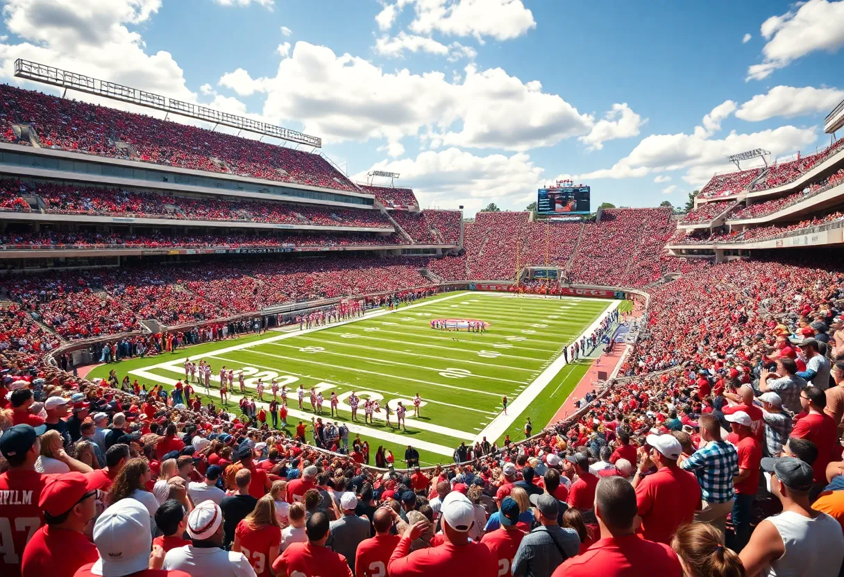 Stadium filled with fans watching a college football game