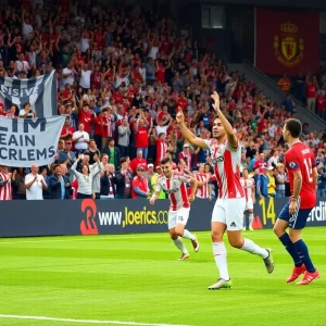 Mississippi State soccer players celebrating seniors during a match.
