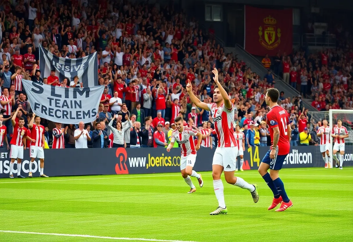 Mississippi State soccer players celebrating seniors during a match.