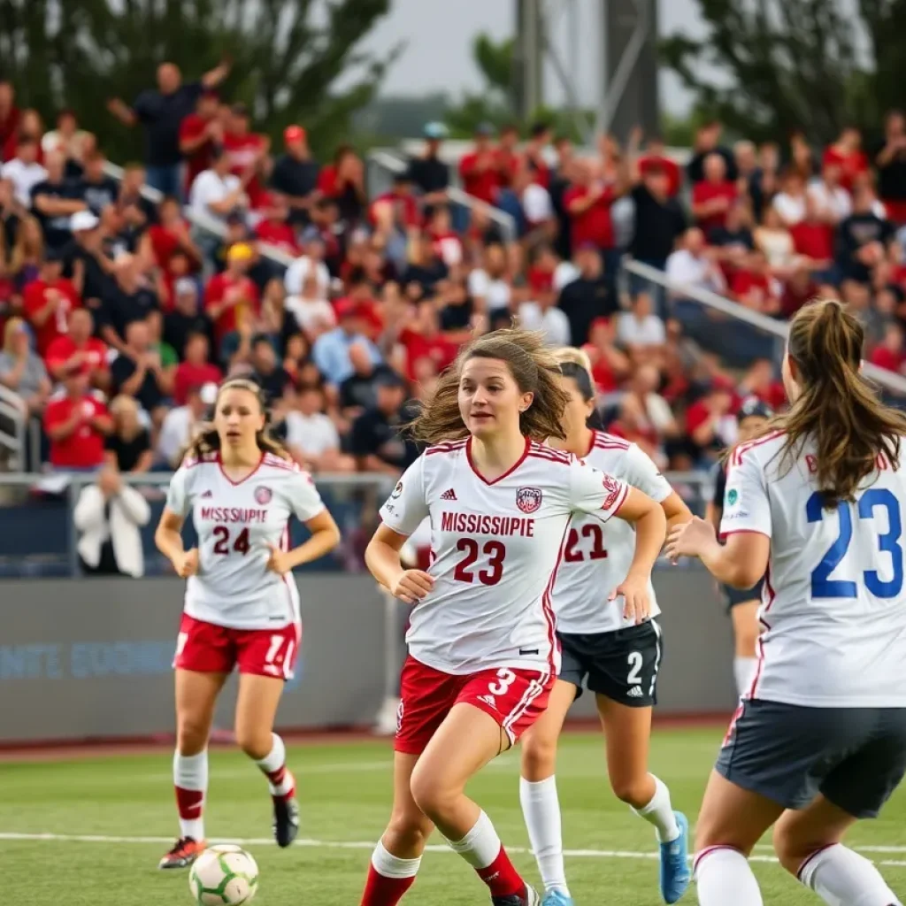 Players from Mississippi State soccer celebrating a goal during a match.