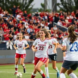 Players from Mississippi State soccer celebrating a goal during a match.