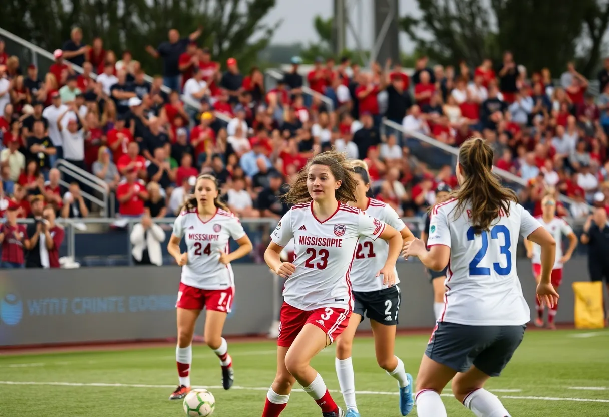 Players from Mississippi State soccer celebrating a goal during a match.