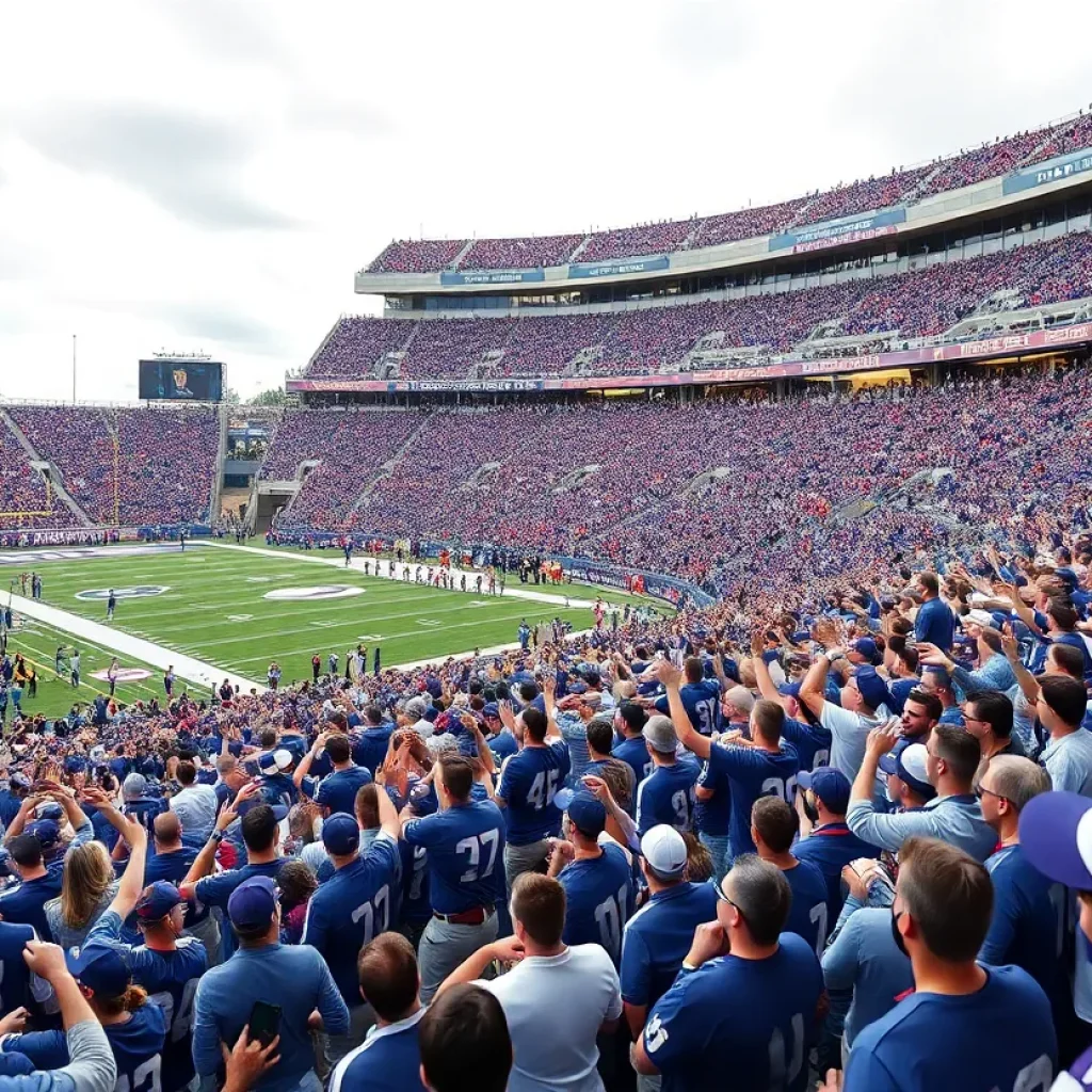 Crowd celebrating in Mississippi State University football stadium