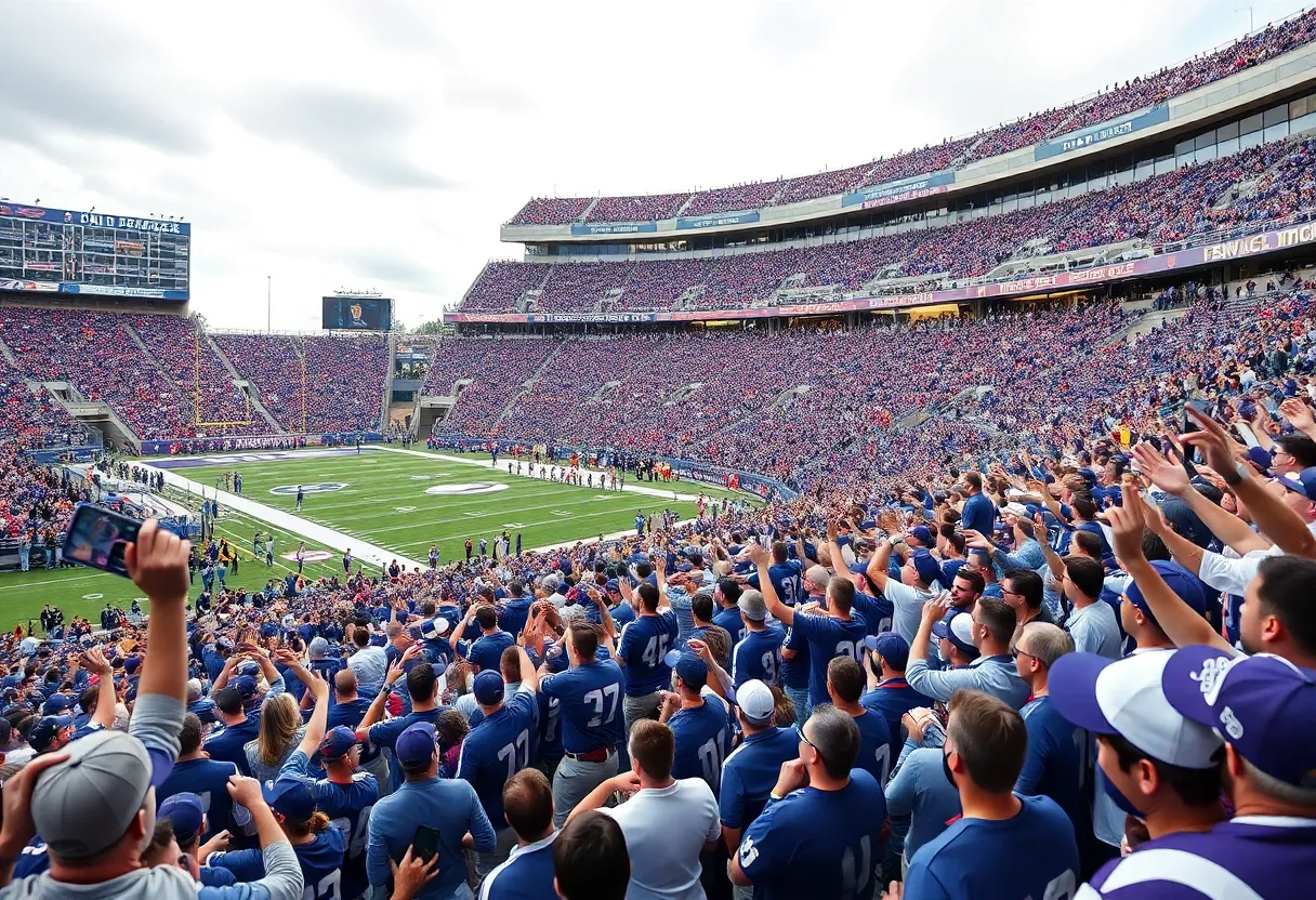 Crowd celebrating in Mississippi State University football stadium