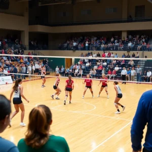 Mississippi State Volleyball players competing on the court during a match.