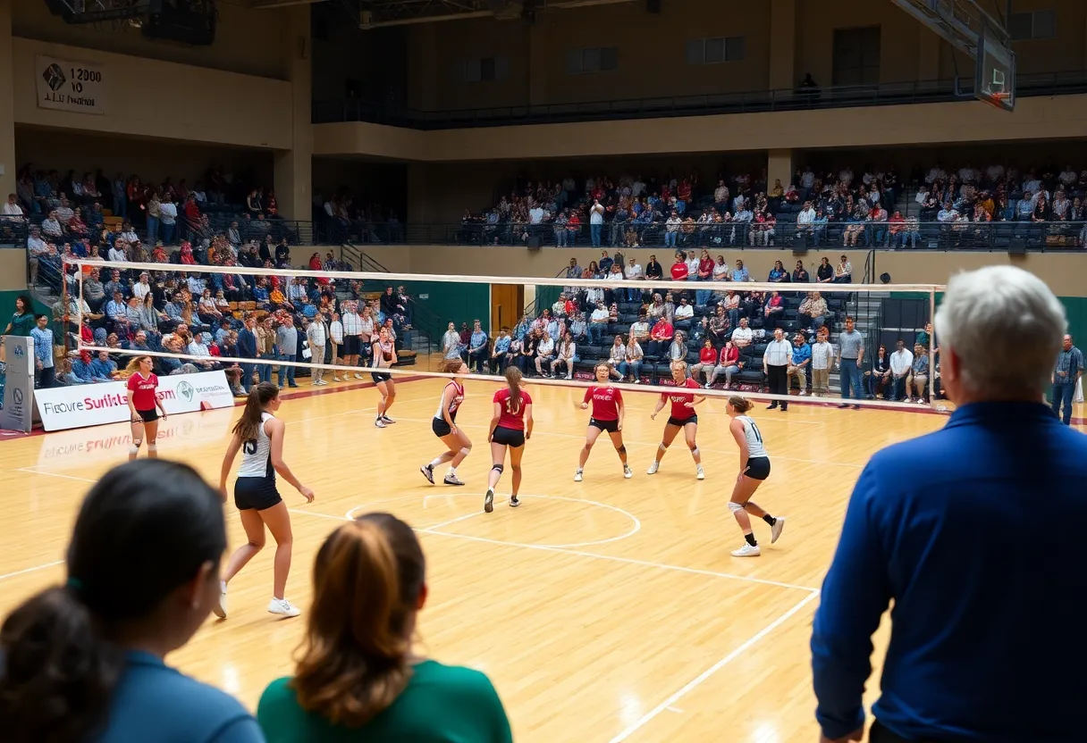 Mississippi State Volleyball players competing on the court during a match.