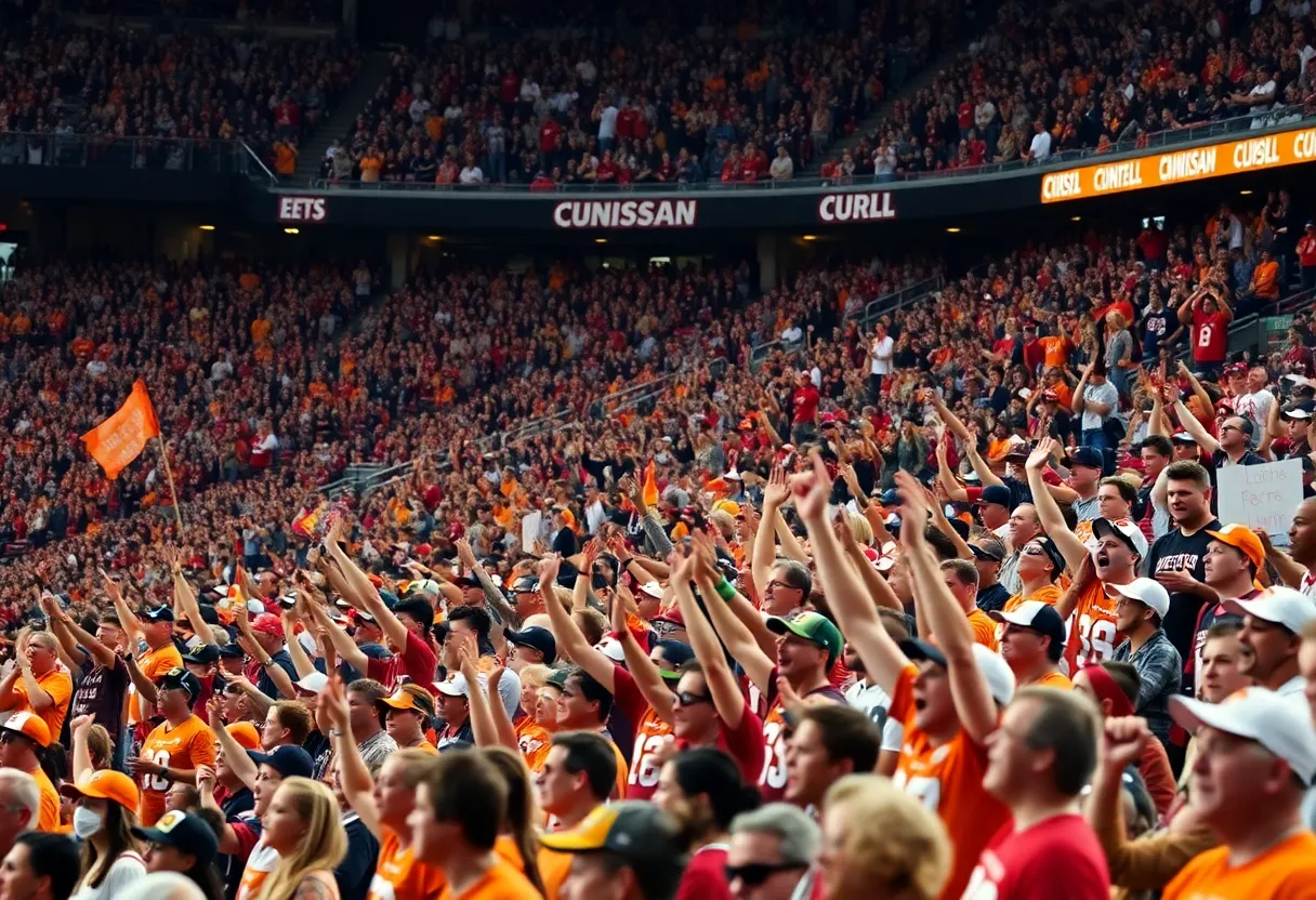 Fans cheering at the Mississippi State vs Tennessee football game