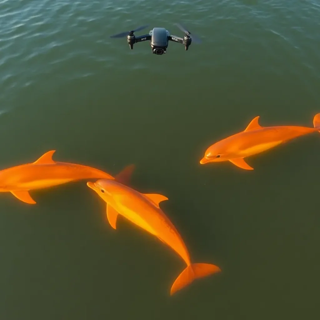Drones monitoring dolphins in the Mississippi Sound using thermal imaging technology.