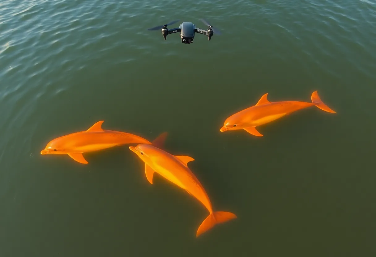 Drones monitoring dolphins in the Mississippi Sound using thermal imaging technology.