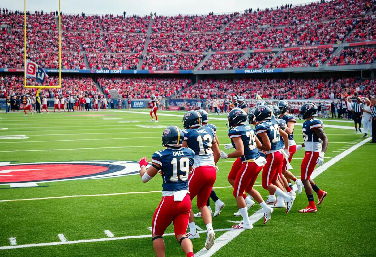 Mississippi State football team celebrating a touchdown on the field