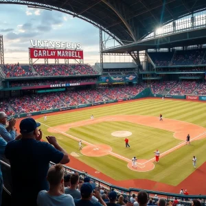 Fans cheering at the Mississippi State baseball season kickoff with players practicing.