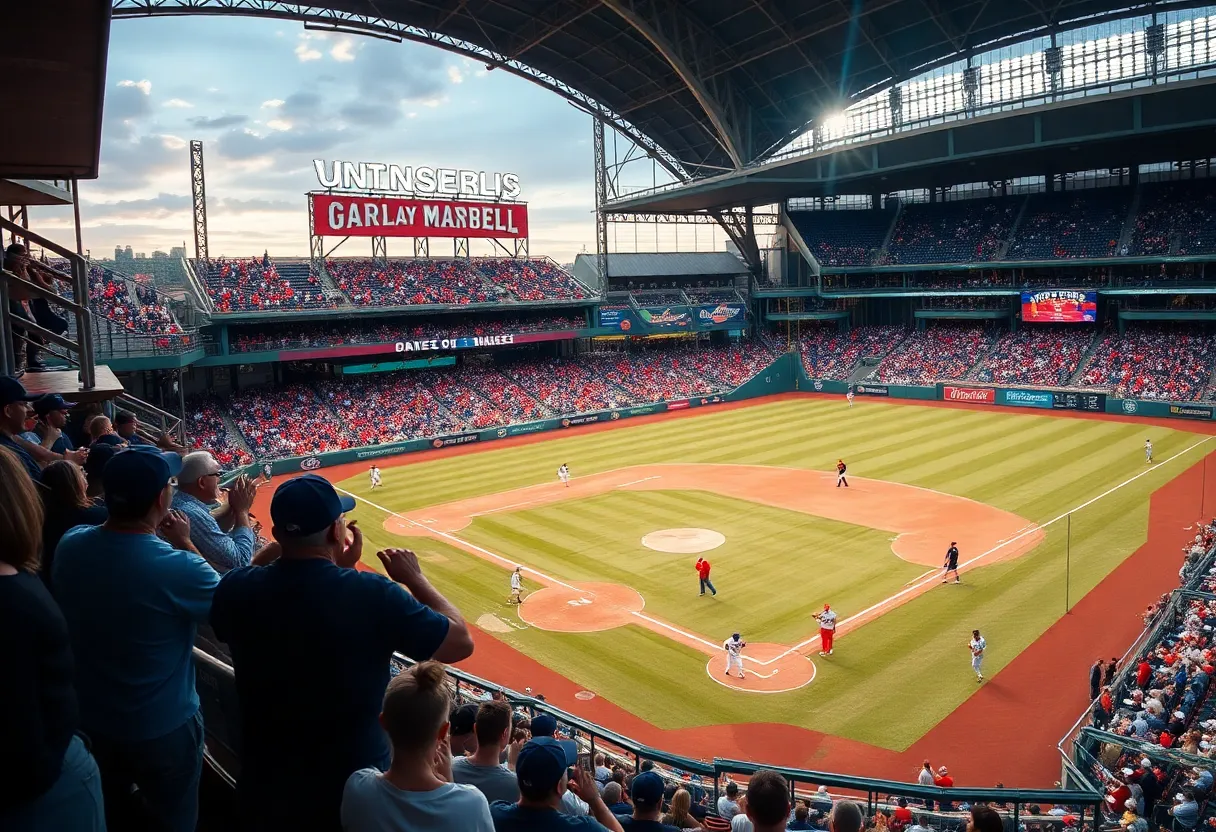 Fans cheering at the Mississippi State baseball season kickoff with players practicing.