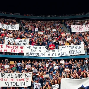 Fans in NFL stadium holding banners for victims of violence