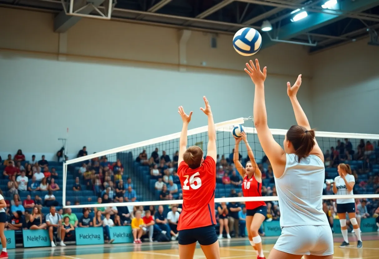 North Alabama volleyball players in action during a match.