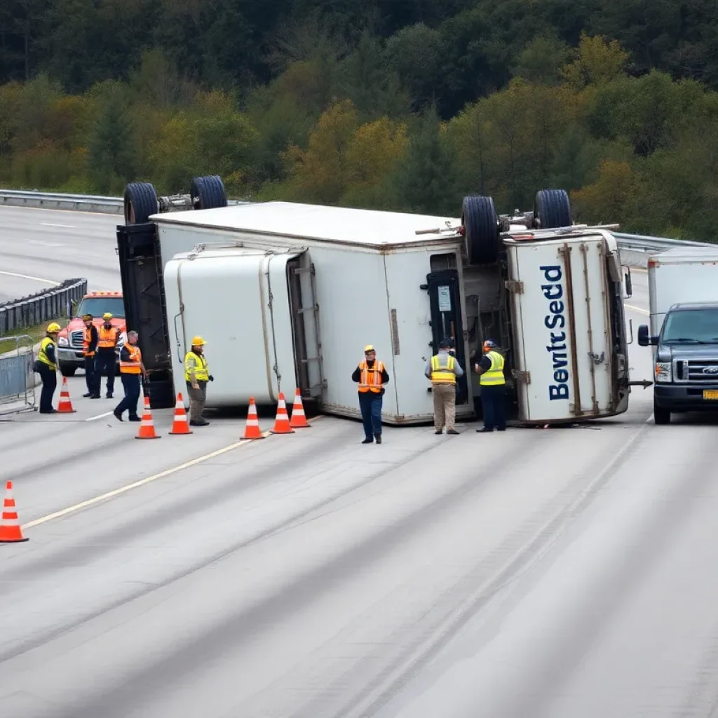 An overturned 18-wheeler on Highway 82 with emergency responders at the scene