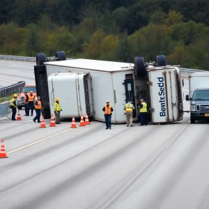 An overturned 18-wheeler on Highway 82 with emergency responders at the scene
