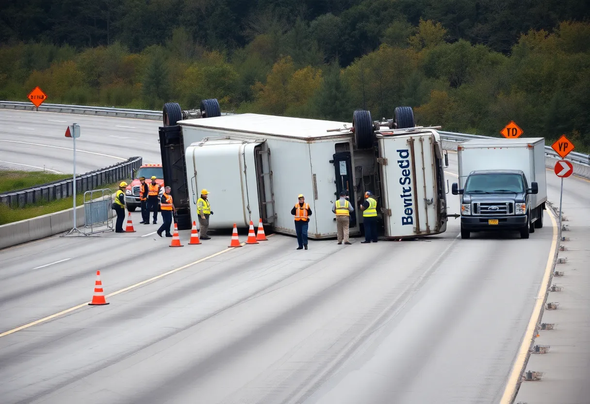 An overturned 18-wheeler on Highway 82 with emergency responders at the scene