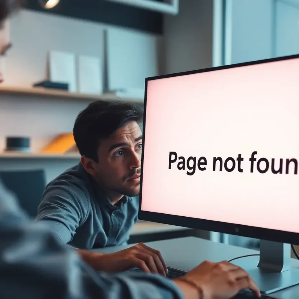 Illustration of a confused user encountering a 'Page Not Found' error on a computer.
