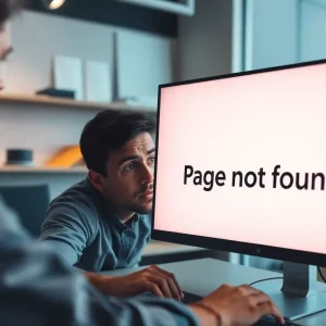 Illustration of a confused user encountering a 'Page Not Found' error on a computer.